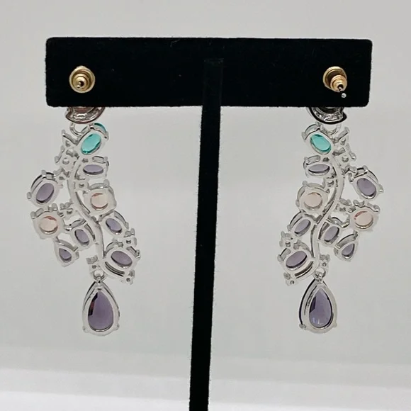 Cubic Zirconia Purple Green Drop Stud Earrings - Picture 5 of 8